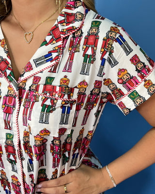 Simply Southern holiday nutcracker pajama set with button-front top, matching drawstring pants, and festive Christmas print.
