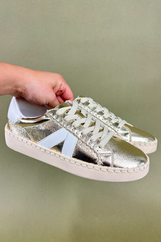 Silver glitter sneaker with white laces held by a hand against a green background