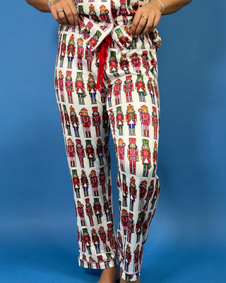 Simply Southern holiday nutcracker pajama set with button-front top, matching drawstring pants, and festive Christmas print.