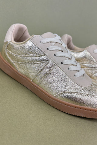 Silver sneaker with white laces on a green background