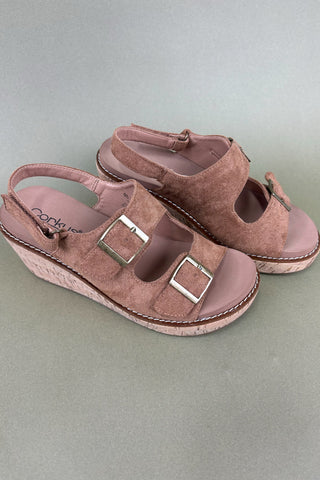 Pair of pink sandals with buckles on a light gray background