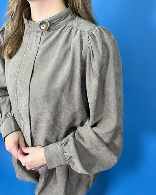 Taupe textured long sleeve top and matching bubble shorts set with puff sleeves, button accents, and a chic elevated silhouette.