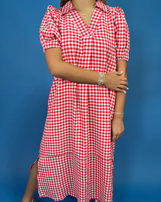 Cherry Picnic Gingham Collared Midi Dress