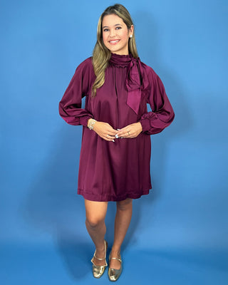 Timeless Wine Satin Tie Neck Detail Shift Dress