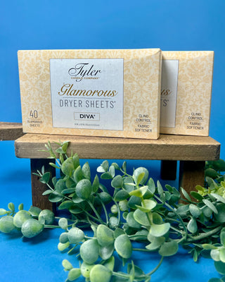 Box of Tyler Candle Company Diva Glamorous Dryer Sheets featuring 40 scented fabric softener sheets with static control.