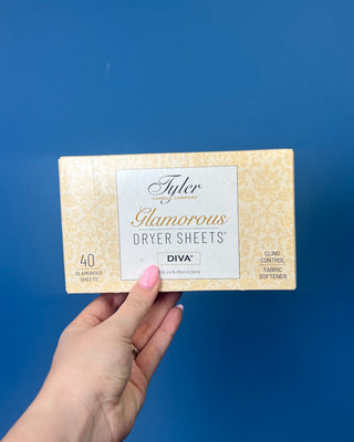 Box of Tyler Candle Company Diva Glamorous Dryer Sheets featuring 40 scented fabric softener sheets with static control.