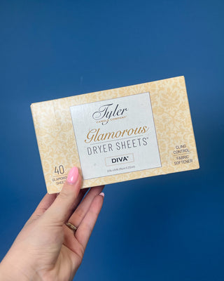 Box of Tyler Candle Company Diva Glamorous Dryer Sheets featuring 40 scented fabric softener sheets with static control.