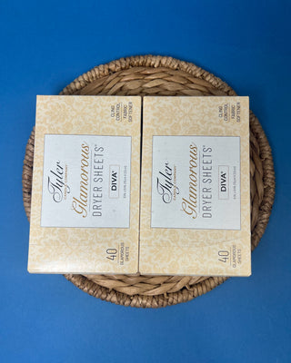 Box of Tyler Candle Company Diva Glamorous Dryer Sheets featuring 40 scented fabric softener sheets with static control.