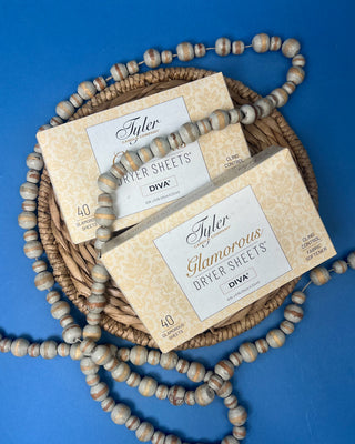 Box of Tyler Candle Company Diva Glamorous Dryer Sheets featuring 40 scented fabric softener sheets with static control.