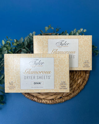 Box of Tyler Candle Company Diva Glamorous Dryer Sheets featuring 40 scented fabric softener sheets with static control.