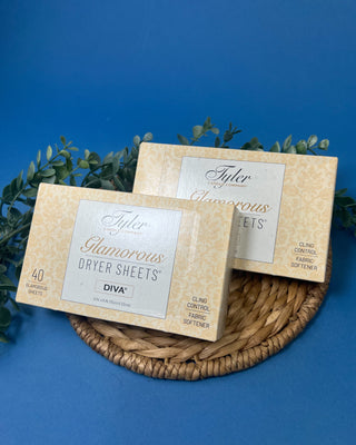 Box of Tyler Candle Company Diva Glamorous Dryer Sheets featuring 40 scented fabric softener sheets with static control.