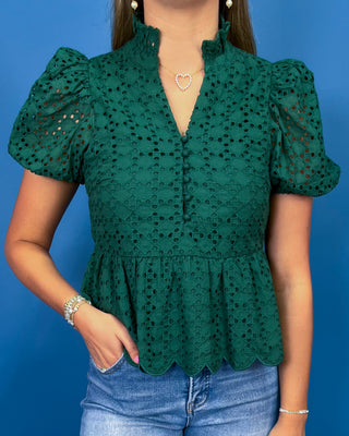 A woman wearing a dark green eyelet lace blouse with puff sleeves, a ruffled high collar, and a scalloped hem