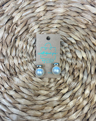 Carmen gold-tone stud earrings featuring oversized faux pearl drops, lightweight classic statement earrings perfect for weddings, formal occasions, work, church, and everyday elegant styling.