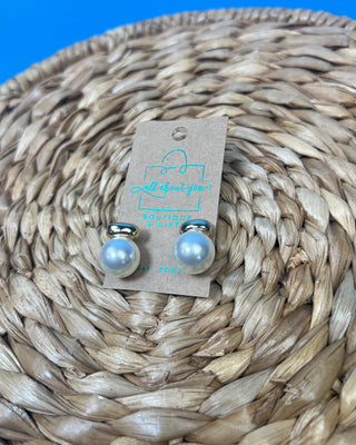 Carmen gold-tone stud earrings featuring oversized faux pearl drops, lightweight classic statement earrings perfect for weddings, formal occasions, work, church, and everyday elegant styling.