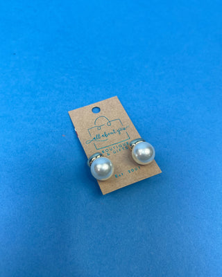 Carmen gold-tone stud earrings featuring oversized faux pearl drops, lightweight classic statement earrings perfect for weddings, formal occasions, work, church, and everyday elegant styling.