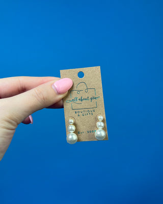 Elegant Lily Pearl Drop Earrings featuring three graduated faux pearls with polished gold-tone accents, lightweight post-back earrings perfect for weddings, formal events, church, work, and everyday classic style.