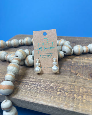 Elegant Lily Pearl Drop Earrings featuring three graduated faux pearls with polished gold-tone accents, lightweight post-back earrings perfect for weddings, formal events, church, work, and everyday classic style.