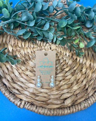 Elegant Lily Pearl Drop Earrings featuring three graduated faux pearls with polished gold-tone accents, lightweight post-back earrings perfect for weddings, formal events, church, work, and everyday classic style.