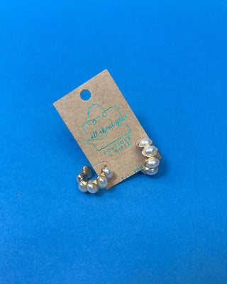 Elegant Aria Pearl Hoop Earrings featuring polished gold-tone hoops with luminous faux pearl accents, lightweight post-back earrings perfect for weddings, office wear, church, and everyday classic style.