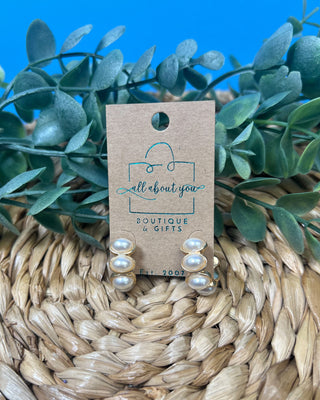 Elegant Aria Pearl Hoop Earrings featuring polished gold-tone hoops with luminous faux pearl accents, lightweight post-back earrings perfect for weddings, office wear, church, and everyday classic style.