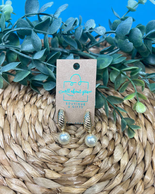 Textured gold hoop earrings with elegant faux pearl drop accents featuring lightweight post-back closures, perfect for everyday wear, weddings, church, office outfits, and special occasions.