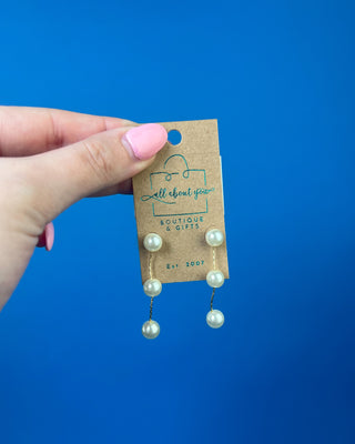 Elegant triple faux pearl drop earrings with gold-tone accents featuring cascading pearl details and secure post-back closures, perfect for weddings, church, office wear, holidays, and everyday outfits.