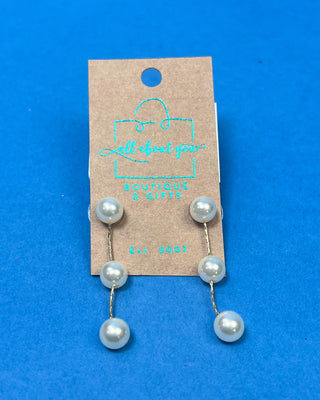 Elegant triple faux pearl drop earrings with gold-tone accents featuring cascading pearl details and secure post-back closures, perfect for weddings, church, office wear, holidays, and everyday outfits.