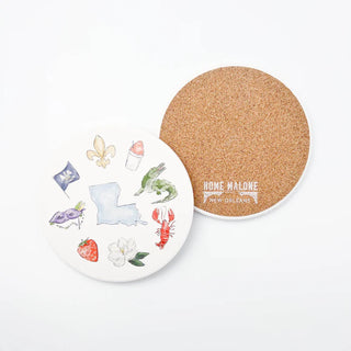 Cork coaster with decorative illustrations on a white background