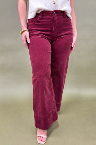Person wearing maroon corduroy pants on a beige background