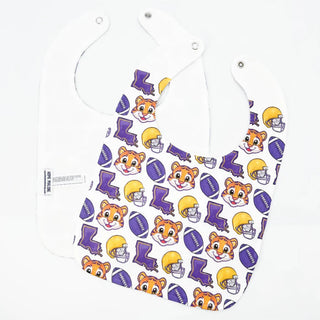 Baby bib with LSU-themed design featuring tigers, footballs, and helmets on a white background.