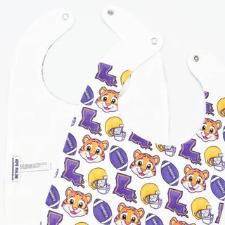 Baby bib with LSU Tigers and football pattern on a white background