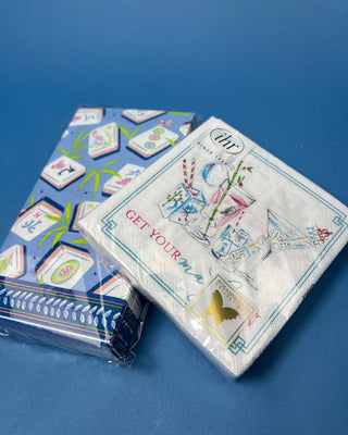Mahjong Drinks Cocktail Napkins featuring colorful cocktail illustrations, Mahjong tiles, and dice, perfect for Mahjong game nights, parties, and entertaining.