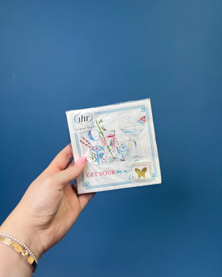 Mahjong Drinks Cocktail Napkins featuring colorful cocktail illustrations, Mahjong tiles, and dice, perfect for Mahjong game nights, parties, and entertaining.