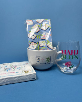 Mahjong Drinks Cocktail Napkins featuring colorful cocktail illustrations, Mahjong tiles, and dice, perfect for Mahjong game nights, parties, and entertaining.