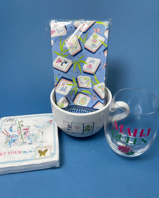 Mahjong Drinks Cocktail Napkins featuring colorful cocktail illustrations, Mahjong tiles, and dice, perfect for Mahjong game nights, parties, and entertaining.