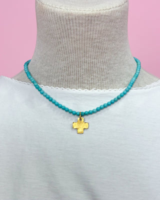 Susan Shaw Cross On Turquoise Beaded Necklace