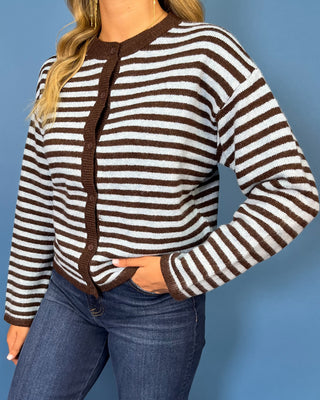 Light blue and chocolate brown striped button-front knit cardigan with long sleeves, contrast trim, and a relaxed fit.