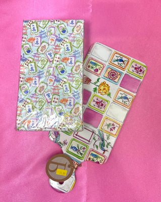 Mahjong charcuterie board with coordinating spreader featuring colorful Mahjong tile artwork and cork backing for serving cheese, appetizers, and snacks during game nights and entertaining.