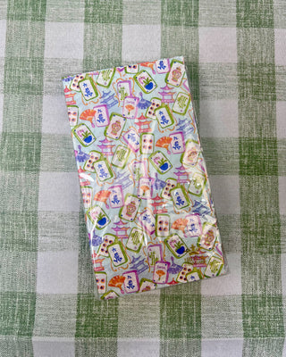 Colorful Mahjong Guest Napkins featuring watercolor Mahjong tiles, pagodas, fans, and floral artwork for game night entertaining and party décor.