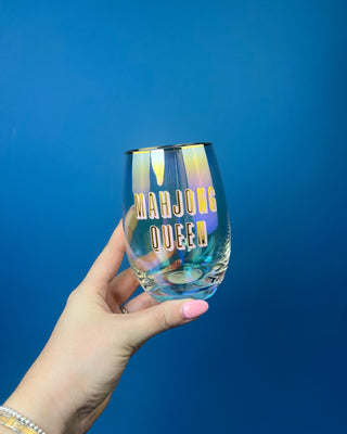 Mahjong Queen 17oz iridescent stemless wine glass with gift box, featuring bold lettering for Mahjong lovers and game night entertaining.