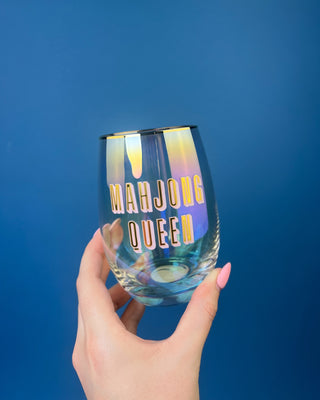 Mahjong Queen 17oz iridescent stemless wine glass with gift box, featuring bold lettering for Mahjong lovers and game night entertaining.