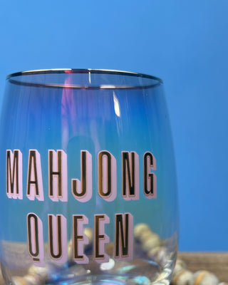 Mahjong Queen 17oz iridescent stemless wine glass with gift box, featuring bold lettering for Mahjong lovers and game night entertaining.