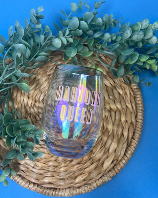 Mahjong Queen 17oz iridescent stemless wine glass with gift box, featuring bold lettering for Mahjong lovers and game night entertaining.