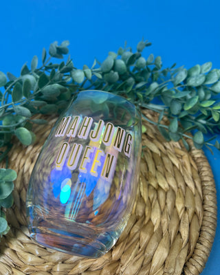 Mahjong Queen 17oz iridescent stemless wine glass with gift box, featuring bold lettering for Mahjong lovers and game night entertaining.