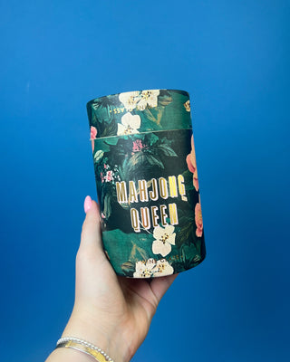 Mahjong Queen 17oz iridescent stemless wine glass with gift box, featuring bold lettering for Mahjong lovers and game night entertaining.