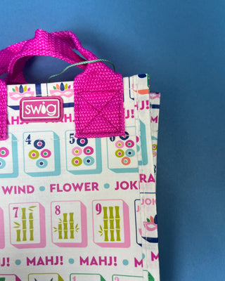 Mahjong Reusable Bag with colorful Mahjong tile print and bright pink handles, foldable reusable shopping tote for errands, gifts, and game nights.