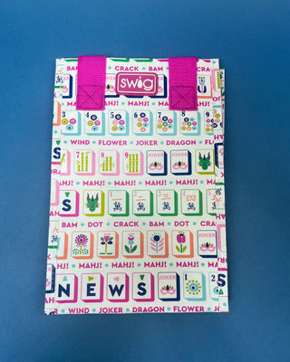 Mahjong Reusable Bag with colorful Mahjong tile print and bright pink handles, foldable reusable shopping tote for errands, gifts, and game nights.