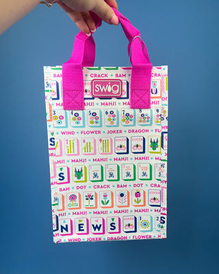 Mahjong Reusable Bag with colorful Mahjong tile print and bright pink handles, foldable reusable shopping tote for errands, gifts, and game nights.