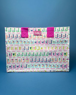 Mahjong Reusable Bag with colorful Mahjong tile print and bright pink handles, foldable reusable shopping tote for errands, gifts, and game nights.