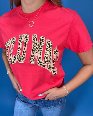 a red graphic t-shirt with leopard print lettering that reads 'LULU MAC"